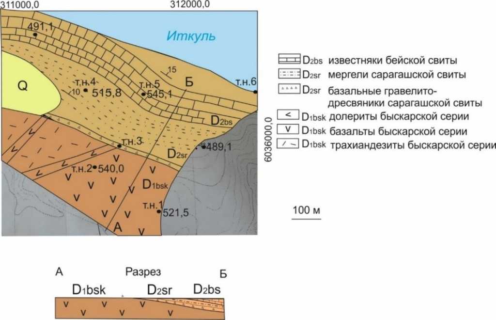 Схематическая геологическая карта маршрута и разрез к ней